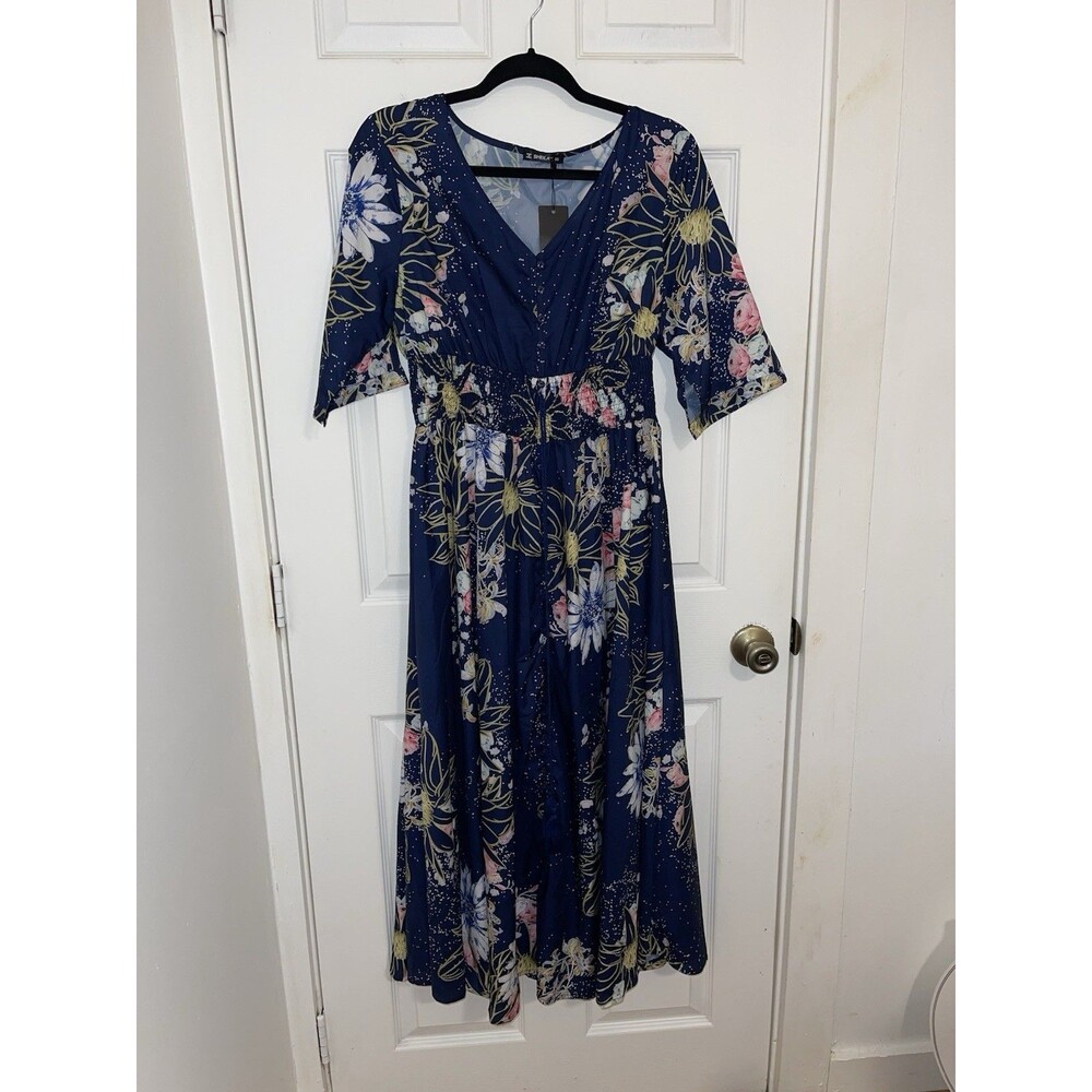 NWT Sheilay Blue Floral Long Sleeve Layered Maxi Dress Size Large Lightweight